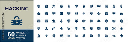 Hacking vector solid icon set. Containing hack, inspector, incognito, virus, protect, protection, threat and more. Pixel perfect. Vector illustration.