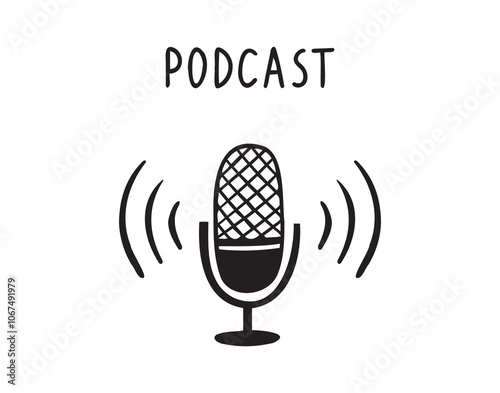 Hand drawn doodle podcast icon with Microphone. Media tool, mic doodle icon. Sound recording device, media equipment logo. Microphone, broadcasting facilities.