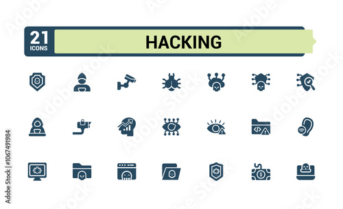 Hacking solid icon set. Related to scam, spyware, hacker, shield, virus, security, inspector, password. Minimalist flat filled icon. Vector icons Collection.