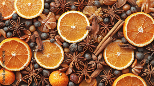Fototapeta Naklejka Na Ścianę i Meble -  Dried slices of oranges and an assortment of spices are artfully arranged on a wooden table, evoking a warm, cozy autumn atmosphere