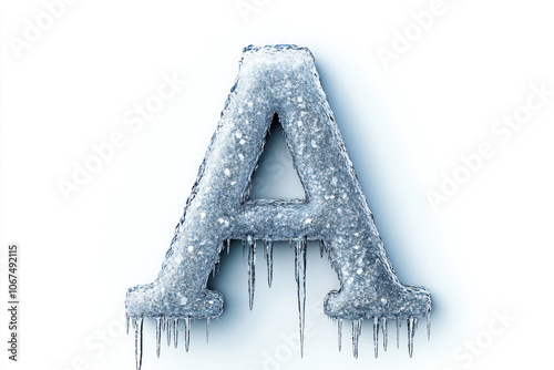 Frozen letter 'A' embedded in a block of ice, reflecting light with icy textures contrasting against a dark background.