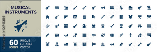 Musical Instruments filled icon collection. Includes flat trombone, earphone, earbuds, tickets, cassette and more. Filled icons pack.