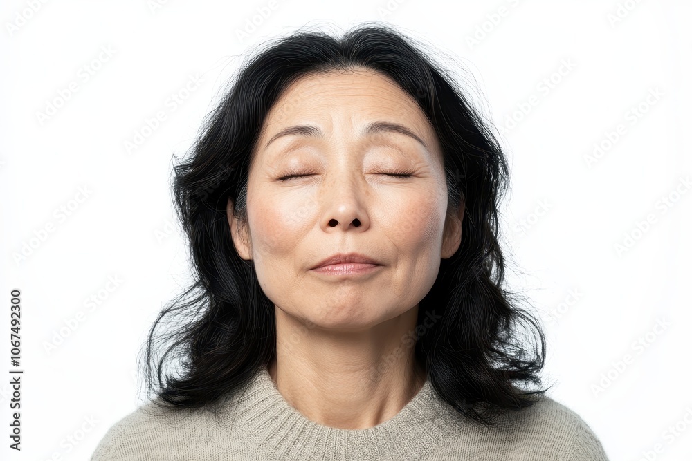 Middle aged Asian woman with weary eyes against a white backdrop Middle aged Asian woman with weary eyes against a white backdrop