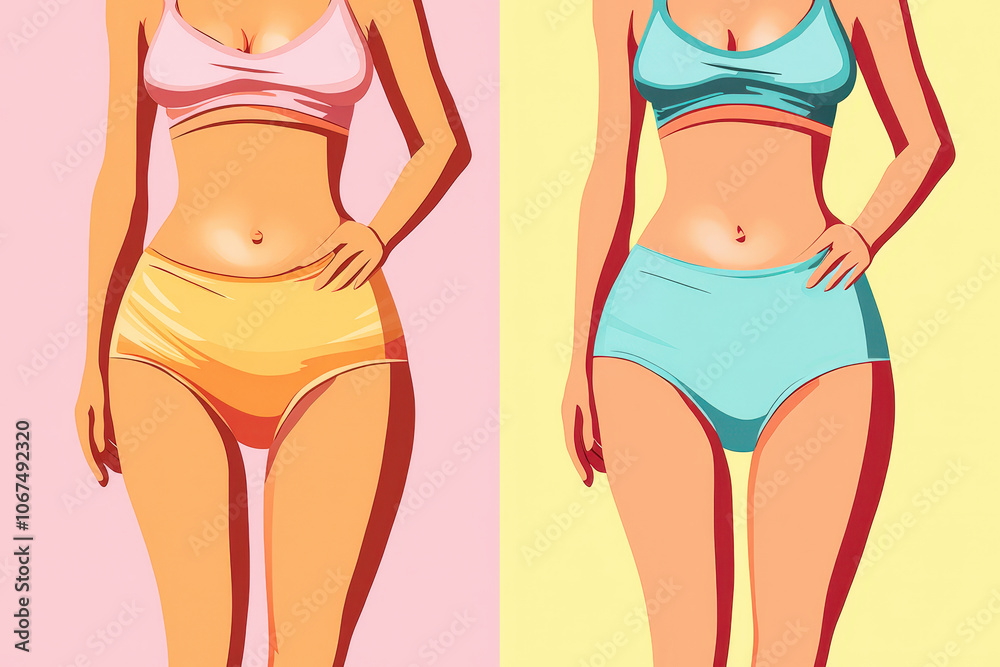 Two women model vibrant bikini styles, displaying varied body shapes, set against pastel backgrounds that evoke a cheerful summer vibe Two women model vibrant bikini styles, displaying varied body shapes, set against pastel backgrounds that evoke a cheerful summer vibe
