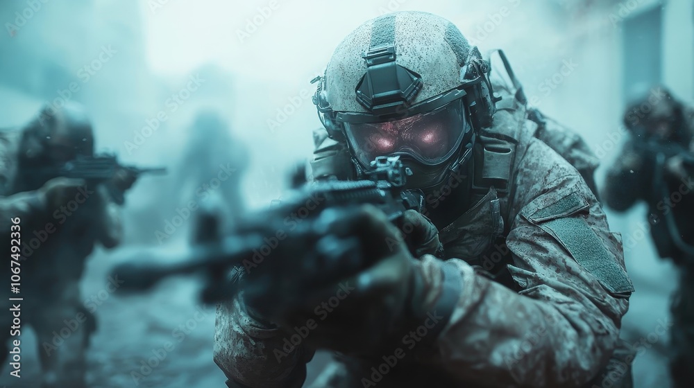 A soldier in tactical gear aiming intently during a battle amidst chaos and dust, capturing the intense focus and precision of military operations. A soldier in tactical gear aiming intently during a battle amidst chaos and dust, capturing the intense focus and precision of military operations.