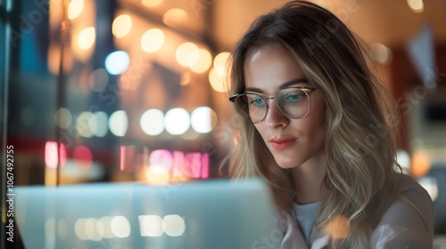 Professional woman with glasses, working late on laptop in modern office. Deeply focused, displaying dedication to career. Utilizing technology in business environment with efficiency and innovation