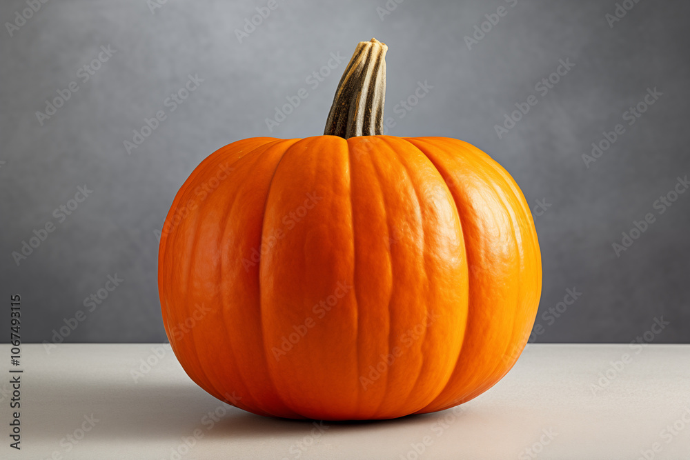A vibrant, orange pumpkin sits elegantly against a neutral background, perfect for autumn-themed designs and seasonal decorations.