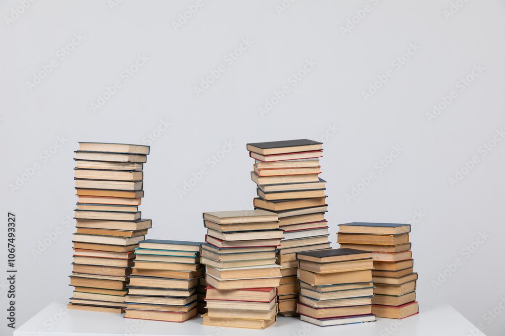 lots of stacks of educational books to study in the library on a gray background lots of stacks of educational books to study in the library on a gray background