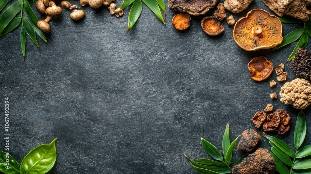 Fresh assorted mushrooms and green leaves on dark stone surface in nature-inspired setting