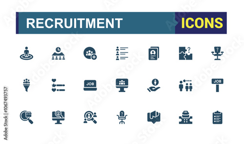 Recruitment icon collection. Related to resources, headhunting, resume, human resource, hiring, requirements and more. Set of solid pictogram.