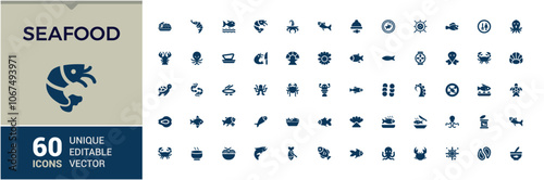 Seafood vector solid icon set. Featuring salmon, turtle, fish steak, cuttlefish, fish, fish bones and more. Flat filled style icons.
