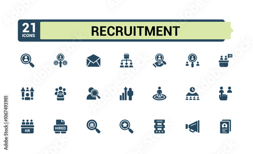 Recruitment icon collection. Related to resources, headhunting, resume, human resource, hiring, requirements and more. Set of solid pictogram.