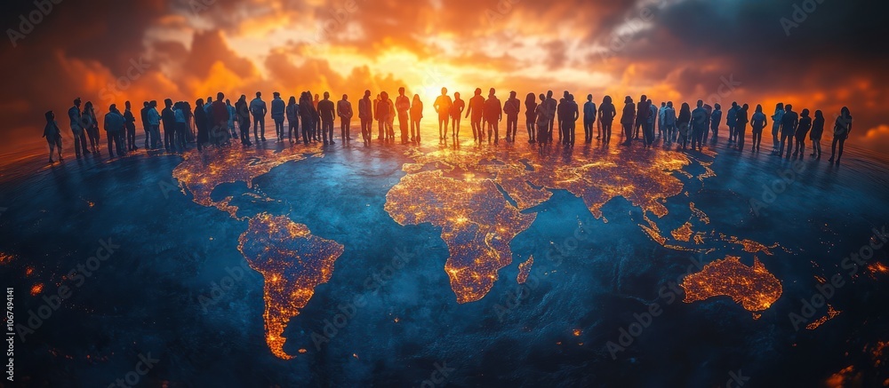 Fototapeta premium Silhouettes of people stand on a world map with a bright sunrise in the background.