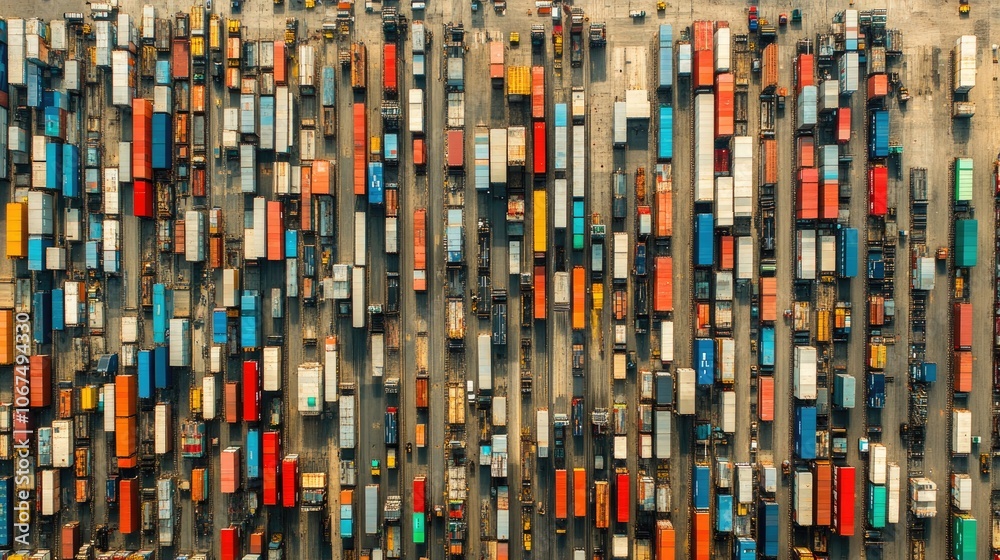 Aerial view of shipyard, rows of containers, global trade scene Aerial view of shipyard, rows of containers, global trade scene