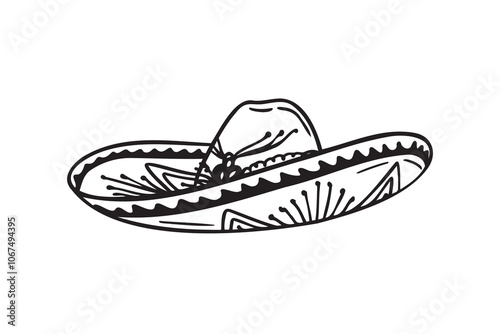 Hand drawn Mariachi hat illustration. Doodle mariachi hat. Sketch of mariachi hat isolated on white background. Sketch of sombrero. Vector illustration.