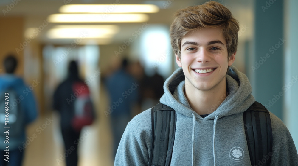 Happy Student In Hallway Portrait Backpack Education University High School Happy Student In Hallway Portrait Backpack Education University High School
