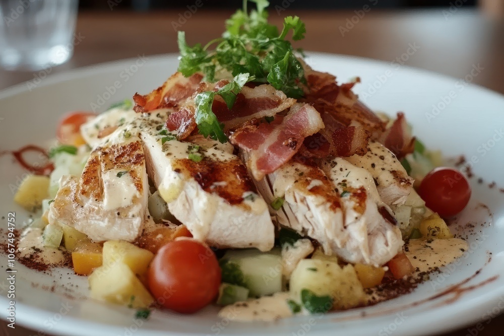 Polish chicken and bacon Caesar salad with vegetables and dressing High calorie meat dish with fresh produce at an Eastern European restaurant Polish chicken and bacon Caesar salad with vegetables and dressing High calorie meat dish with fresh produce at an Eastern European restaurant