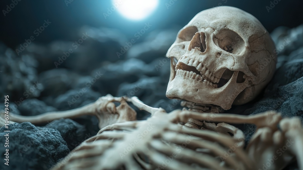 Another view of a skeleton resting under the moon, evoking a serene, captivating atmosphere that explores themes of mortality, rest, and contemplation in detail. Another view of a skeleton resting under the moon, evoking a serene, captivating atmosphere that explores themes of mortality, rest, and contemplation in detail.