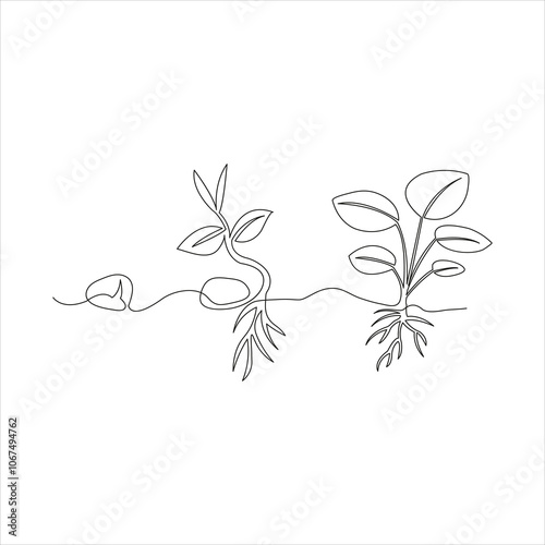 Continuous one line drawing of home plant in a pot tree art design