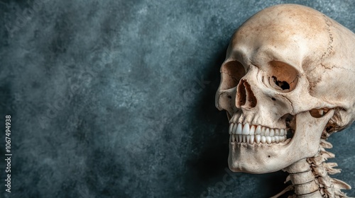 A frontal view of a slightly weathered human skull on a textured gray wall, accentuating the natural wear and the passage of time on bone structure.