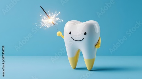 Cartoon tooth holding a sparkler, New Year celebration, joyful and bright, holiday spirit, dental care theme photo