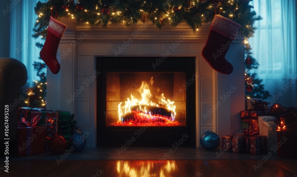 Holiday fireplace decorated with stockings, garlands, and a glowing fire, creating a cozy and festive atmosphere Holiday fireplace decorated with stockings, garlands, and a glowing fire, creating a cozy and festive atmosphere