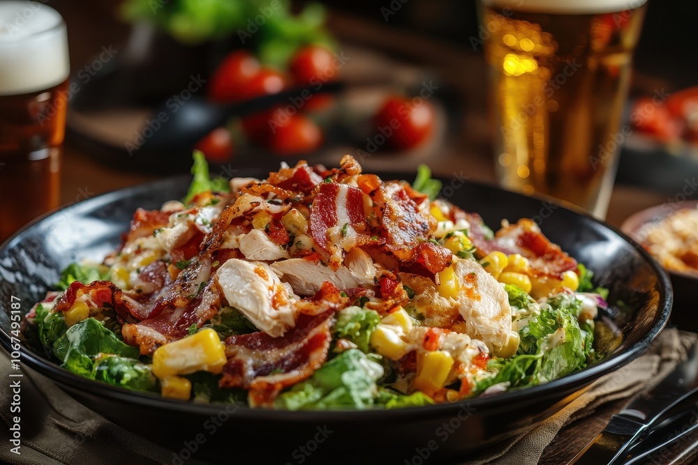 Polish chicken and bacon salad with veggies and dressing Rich meat salad with fresh produce served with beer at a restaurant in Eastern Europe Polish chicken and bacon salad with veggies and dressing Rich meat salad with fresh produce served with beer at a restaurant in Eastern Europe