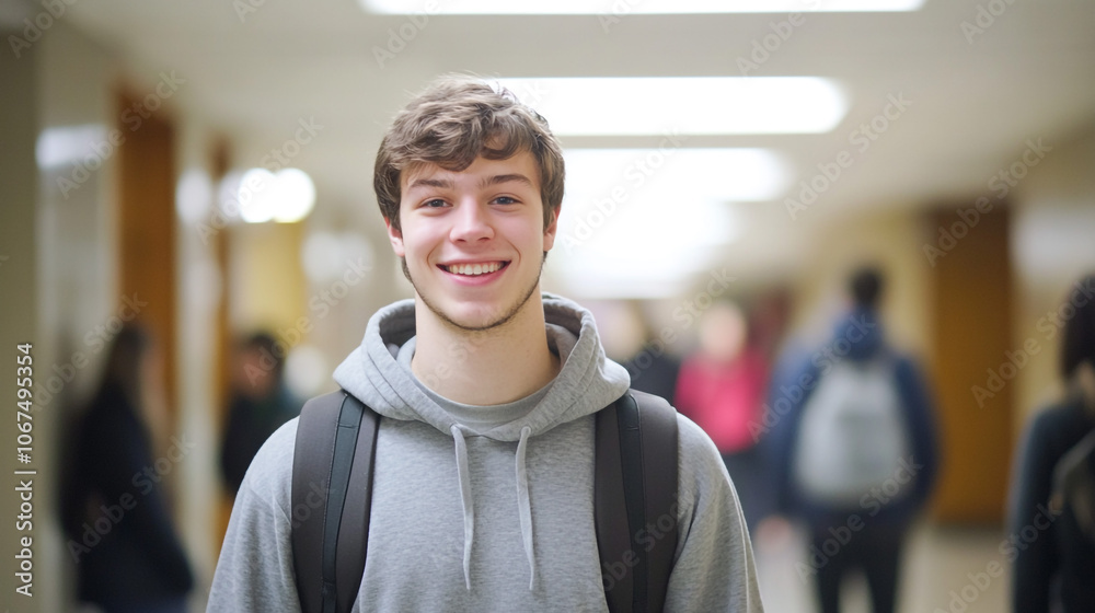 Happy Teenage Student Smiling in School Hallway Happy Teenage Student Smiling in School Hallway
