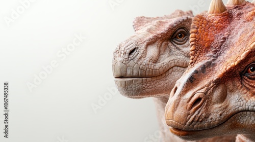 Two highly realistic dinosaurs presented with distinct, detailed textures and coloration, offering a unique glimpse into the prehistoric past and ancient wonders. photo