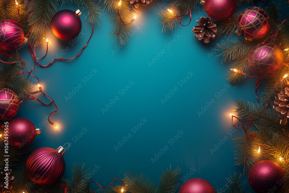 Festive holiday ornaments with sparkling lights on blue background Festive holiday ornaments with sparkling lights on blue background