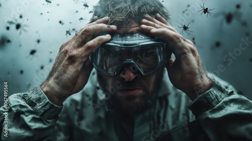 A man adjusts his goggles in a state of panic, as insects swarm around him. The scene captures a sense of anxiety, urgency, and the fight for focus.