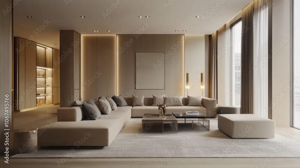 Fototapeta premium Modern living room interior design with a beige sectional sofa, gold accents, and a large window
