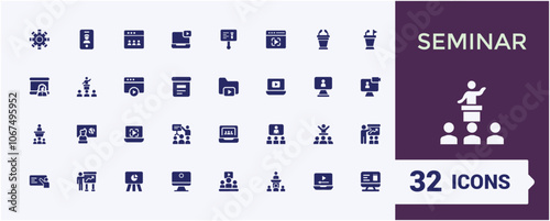 Seminar icon pack. Includes icons for teacher, 5on, man, group, teamwork, person, collaboration and more. Minimal filled icons. Editable vector icon and illustration.