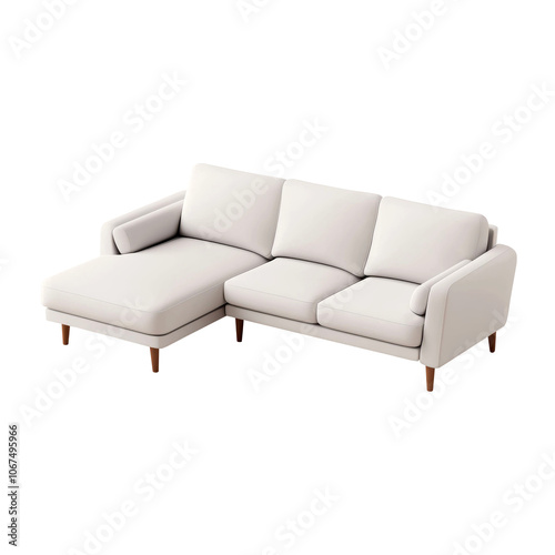 Modern 3D white sectional sofa with wooden legs, featuring a comfortable chaise and minimalist design, perfect for contemporary interior spaces. Isolated on transparent background, png.