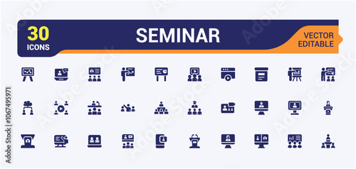 Seminar icon pack. Includes icons for teacher, 5on, man, group, teamwork, person, collaboration and more. Minimal filled icons. Editable vector icon and illustration.