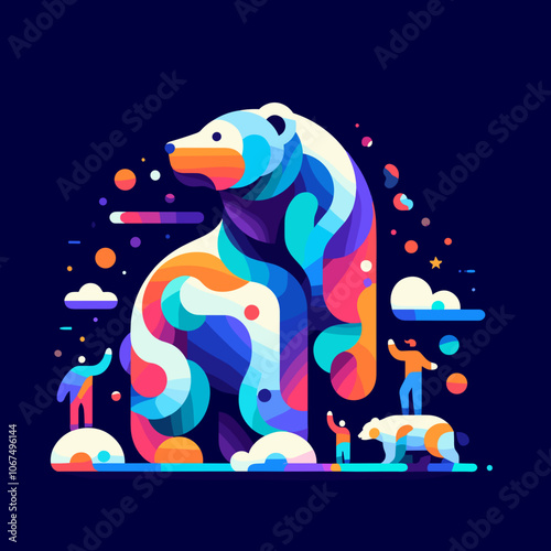 Colorful Bear Illustration with People and Animals on Abstract Background