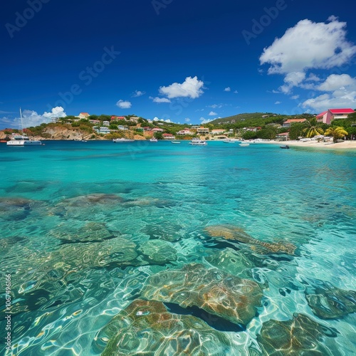 Scenery from Saint Martin, Caribbean Island -"Scenic view from Saint Martin, a Caribbean island, with turquoise waters and lush tropical surroundings."