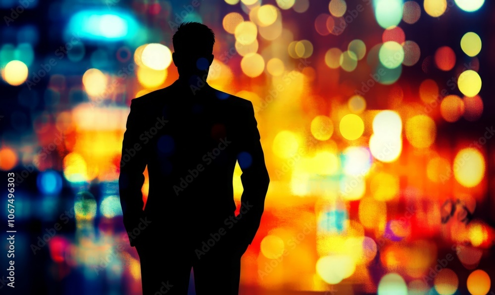 image depicts silhouette of businessman against bright, glowing background, symbolizing ambition and leadership in bustling city environment image depicts silhouette of businessman against bright, glowing background, symbolizing ambition and leadership in bustling city environment