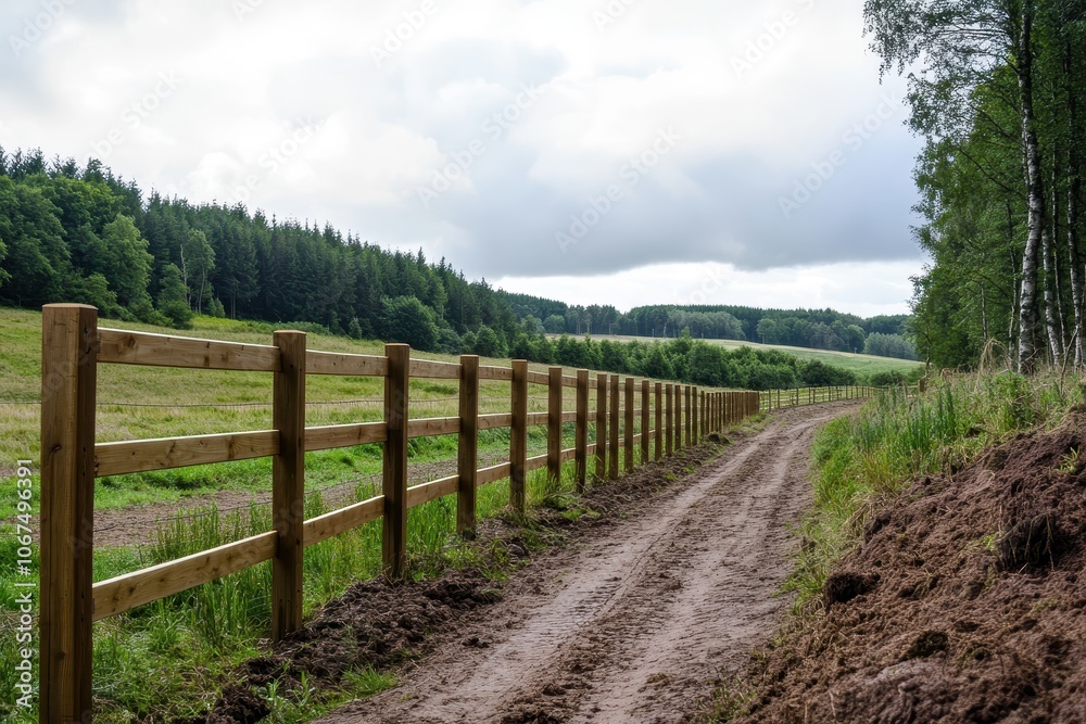 Recently set up electric fence and wooden posts observed on a picturesque UK farm with a distant forest visible Recently set up electric fence and wooden posts observed on a picturesque UK farm with a distant forest visible