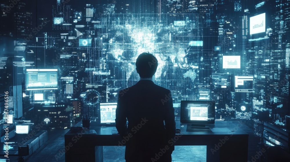 Back view, Manager in office workspace, surrounded by digital business and technological symbols icons Back view, Manager in office workspace, surrounded by digital business and technological symbols icons