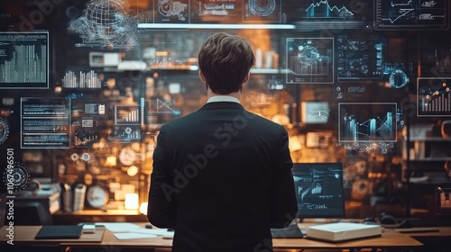 Back view, Manager in office workspace, surrounded by digital business and technological symbols icons photo