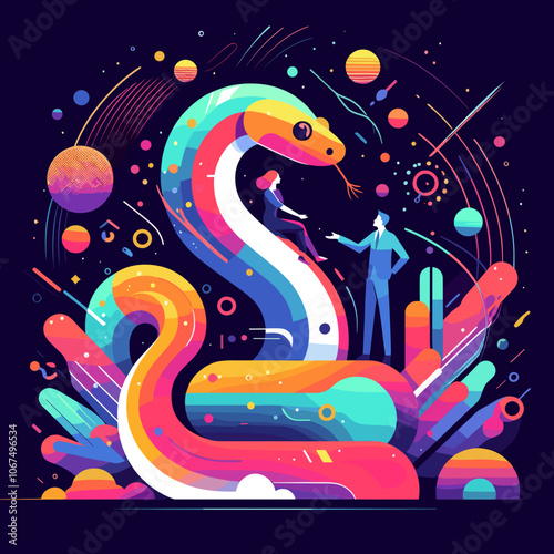 Colorful snake illustration with human interaction and abstract elements, surreal style, copy space