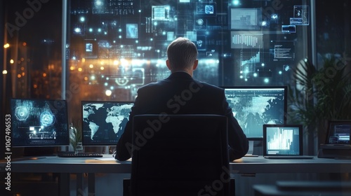 Back view, Manager in office workspace, surrounded by digital business and technological symbols icons