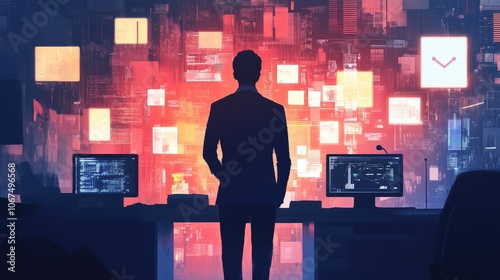 Back view, Manager in office workspace, surrounded by digital business and technological symbols icons photo