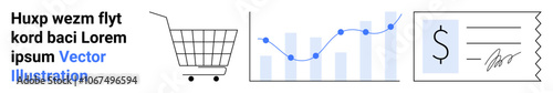 Shopping cart, line chart with data points, signed receipt reflect the growth of e-commerce. Ideal for finance, business growth, online retail, data analysis, marketing, financial planning, website