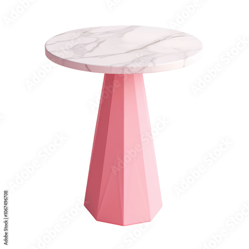 Pink side table with a marble top and angular base in a 3D illustration, combining a playful color with modern design elements for stylish interiors. Isolated on transparent background, png.