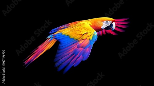 A vibrant macaw in flight, showcasing its colorful feathers against a dark background.