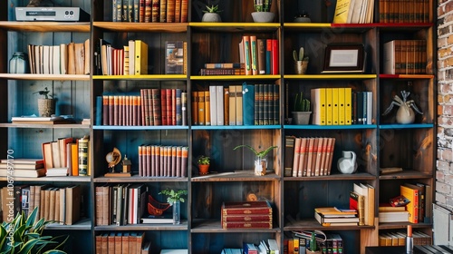 Office shelves filled with books, files, and decorative items