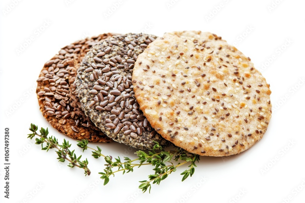 Round cereal crackers with flax sunflower and sesame seeds plus thyme on a white background Round cereal crackers with flax sunflower and sesame seeds plus thyme on a white background