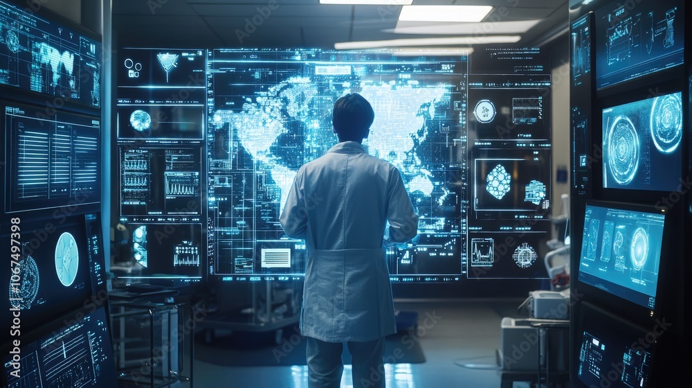 Back view of doctor in hospital area surrounded by digital icons and medical technology Back view of doctor in hospital area surrounded by digital icons and medical technology